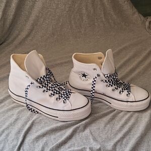 Converse White Canvas High-Top Platform Sneakers with Checkerboard Laces
